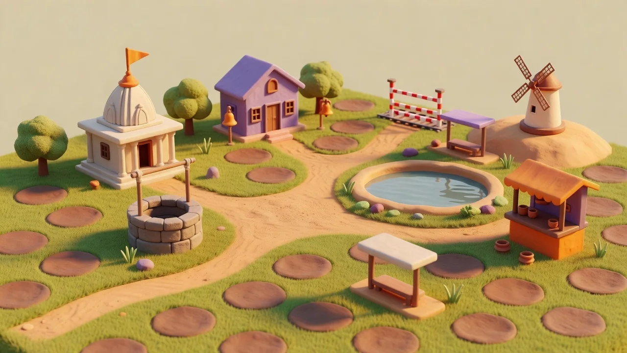 The restored village garden: a violet cottage, a well, a pond and round plots full of grown plants