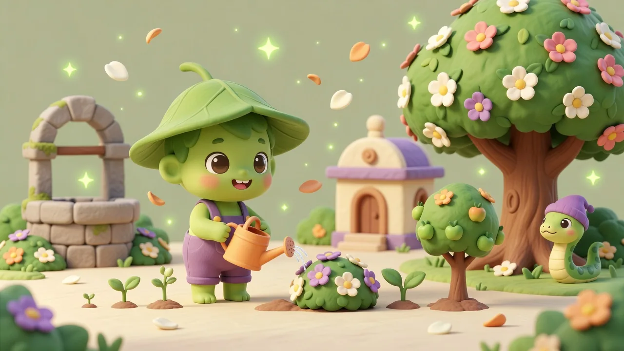 Fern, a little green gardener in a big leaf hat and violet overalls, watering a flowering bush beside an old stone well, with Noodle the snake peeking out from behind a tree